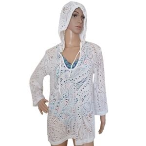 RALPH LAUREN Crisp White Hooded Eyelet Long Sleeve Swimsuit Swimwear Cover Top